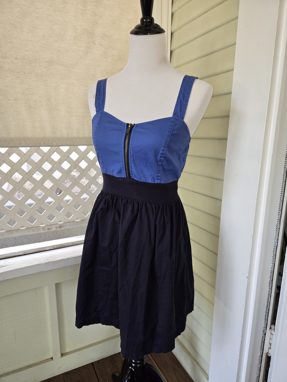 BeBop Blue Bodice Black Skirt Zip-Front Mini Dress